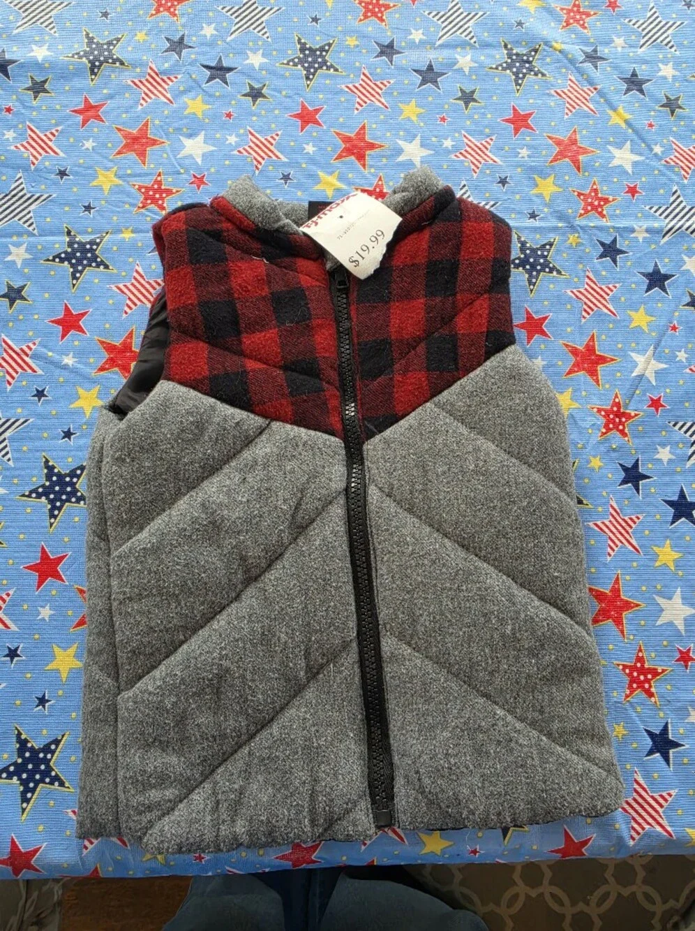 NWT Fierce Frank Kids Quilted Gray Vest with Red Buffalo Plaid Hood
